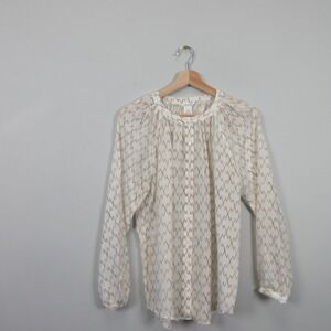 Club Monaco Womens White 100% Silk Blouse Shirt Gold Pattern Long Sleeve S